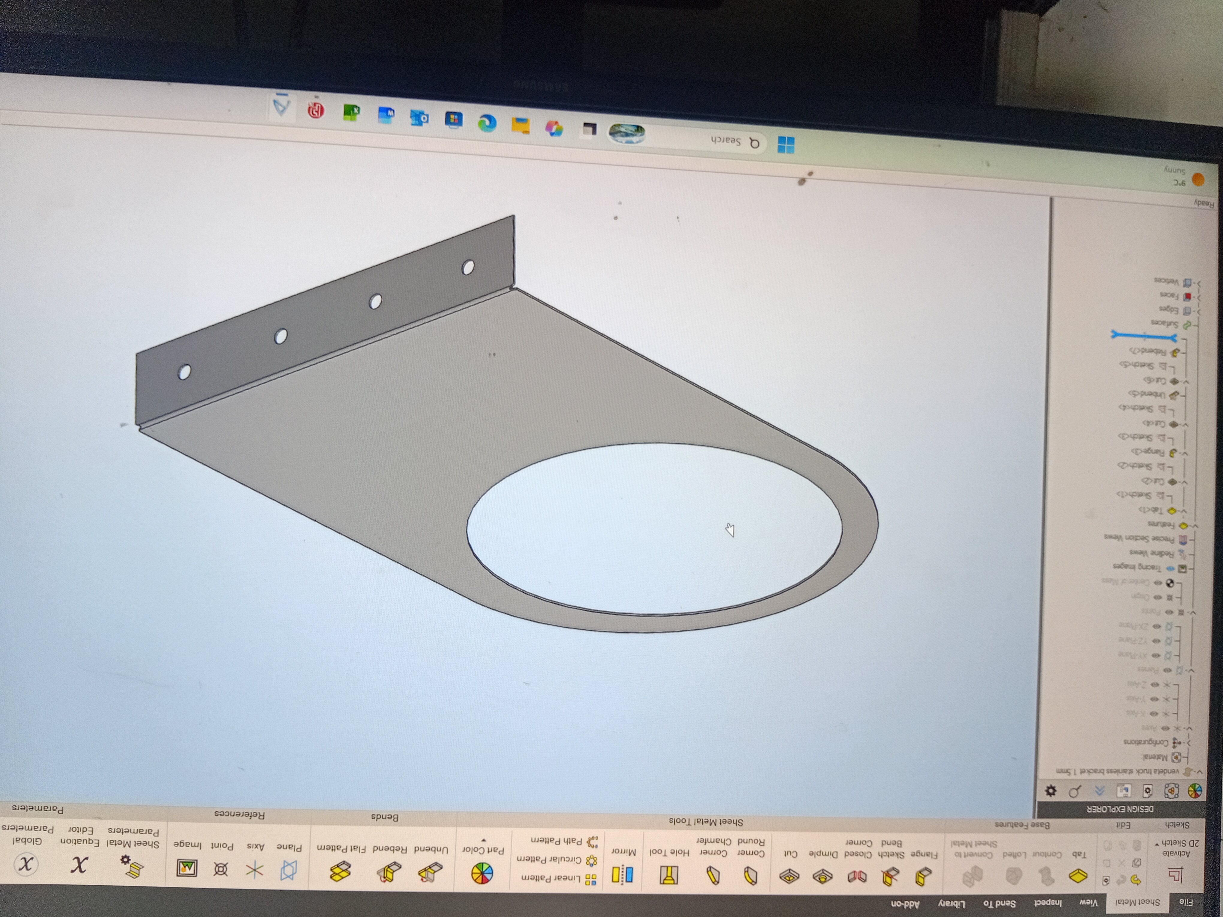 Stainless steel truck bracket designed in CAD with mounting holes and flat pattern